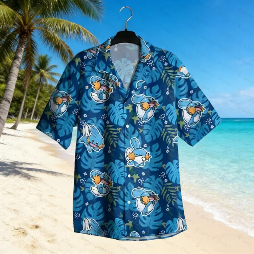 Chemise hawaïenne Psyduck, chemise boutonnée tropicale verte, tenue de plage d'été amusante unisexe,