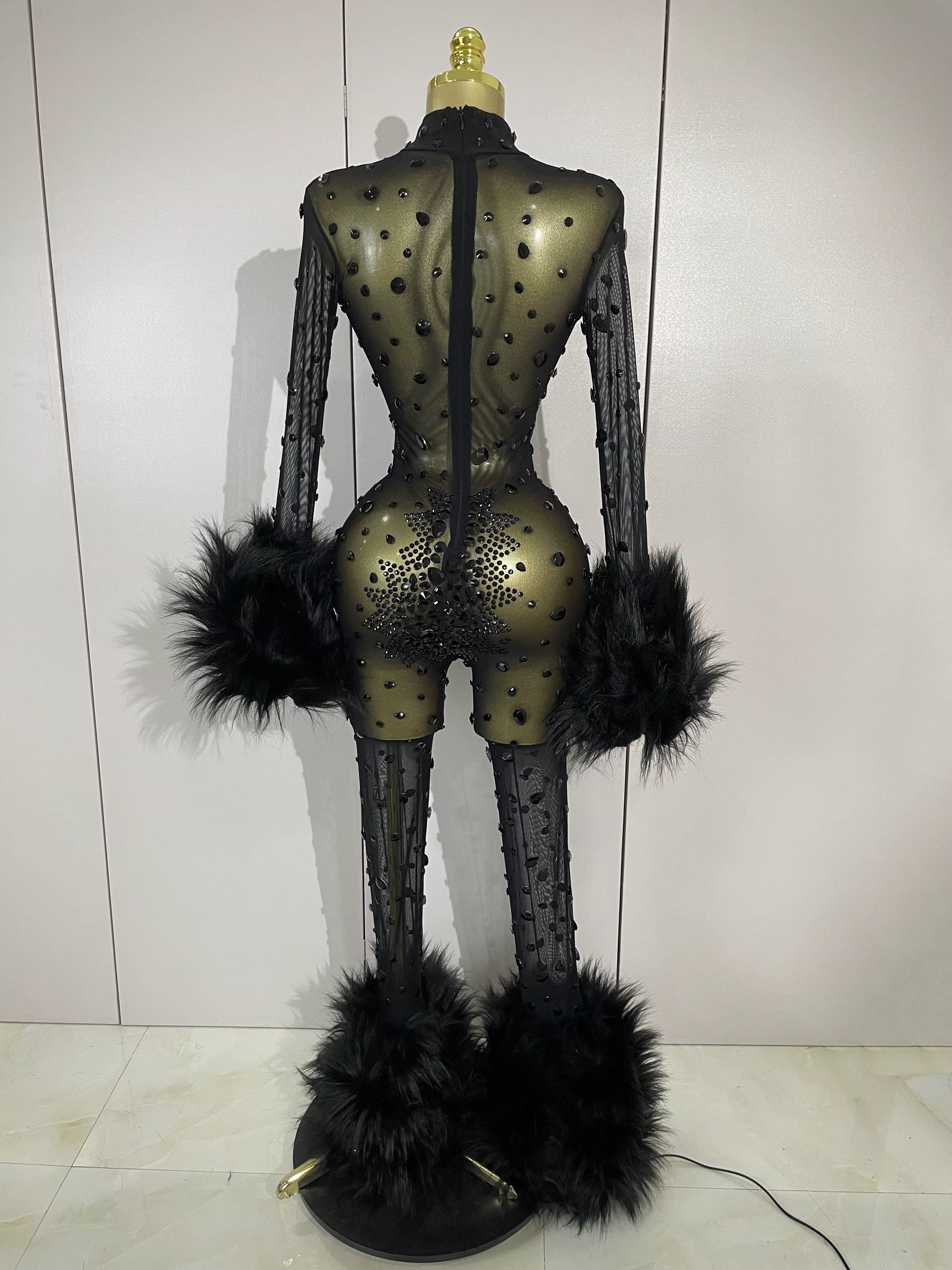 STOCK luxe diamant noir maille Transparent extensible à manches longues combinaison femmes Sexy Perf