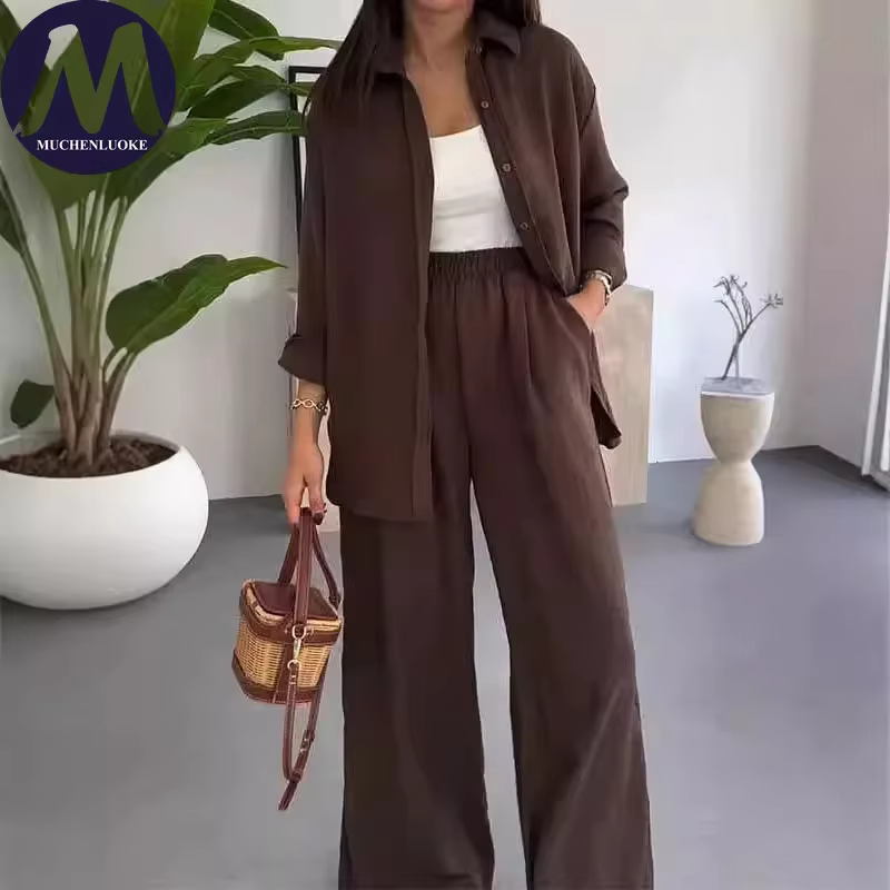 Ensemble 2 pièces d'été pour femme : Chemise à revers à manches longues et pantalon décontracté à ja