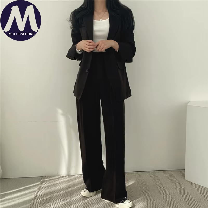 Ensemble deux pièces pour femmes, mode coréenne, blazer à manches longues et pantalon large, décontr