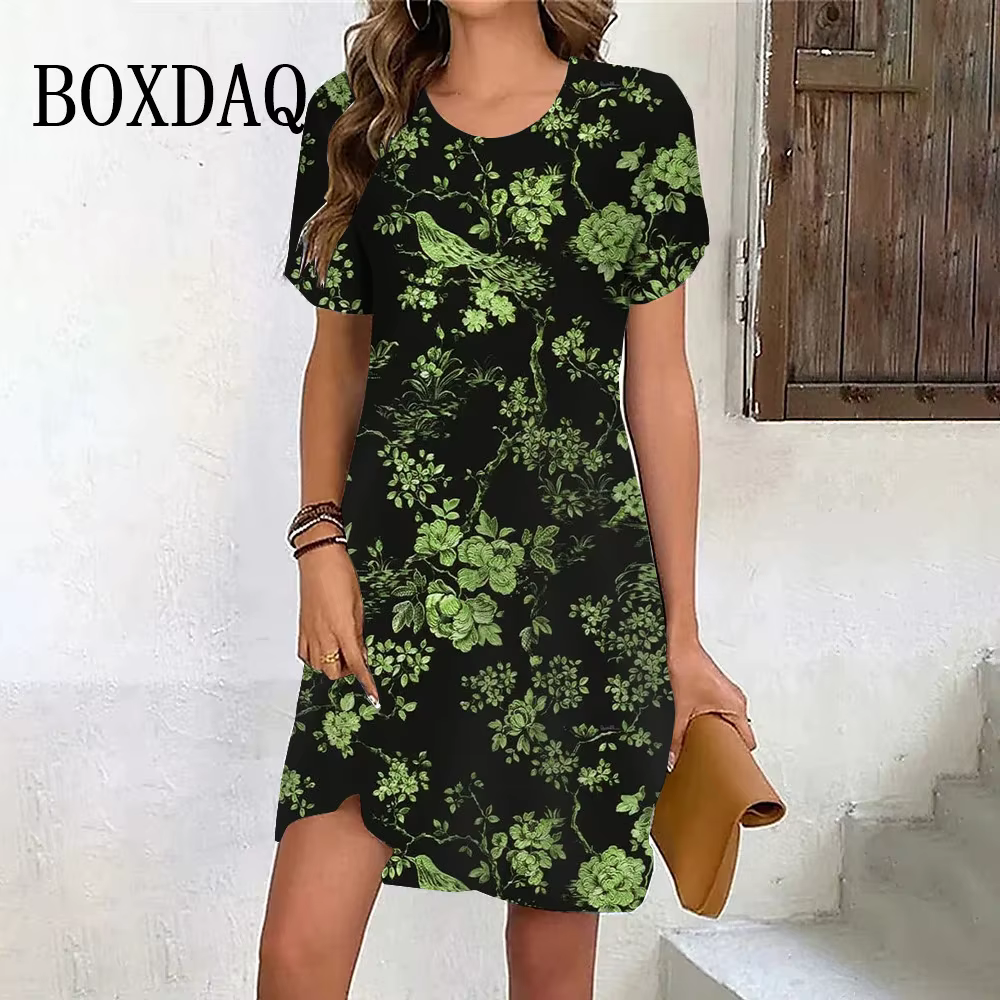 Robe d'été rétro à manches courtes pour femmes, vêtements décontractés, mini robe d'été, peinture d'