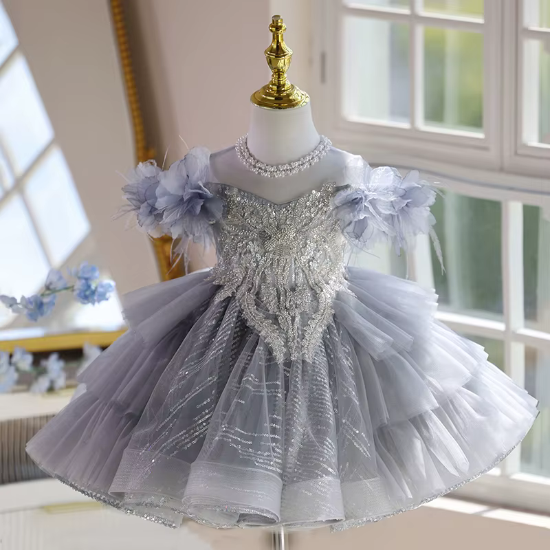 Robe de bal princesse grise pour filles, robe de fête d'anniversaire pour enfants, hôte de spectacle