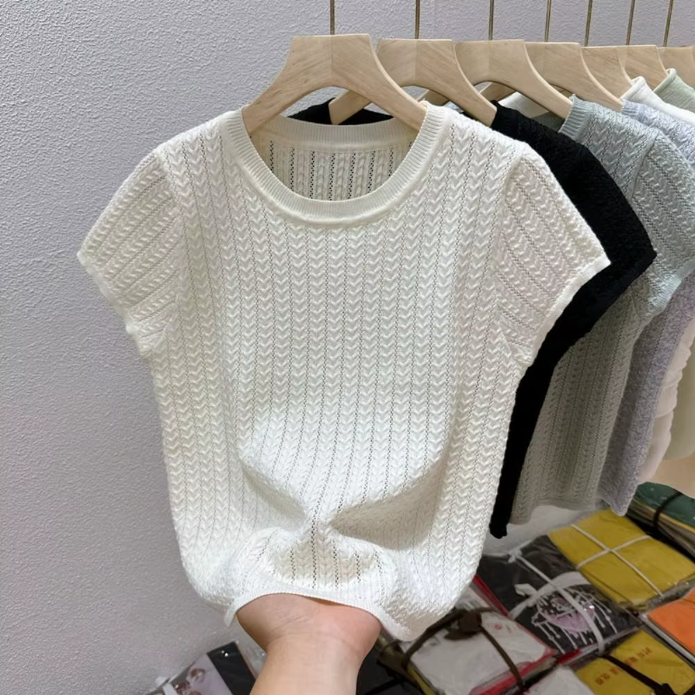 T-shirt tricoté élégant à points torsadés, chemise creuse en soie glacée à manches courtes, haut d'é