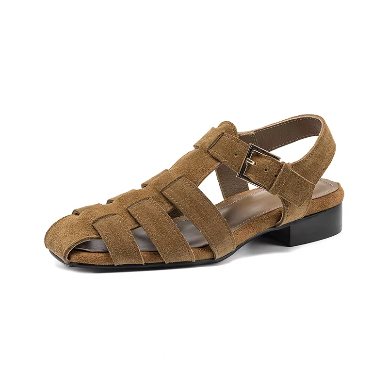 Sandales de pêcheur tendance SmallHut Nouveauté 2026 en daim de vache pour femme, talons bas, noir, 