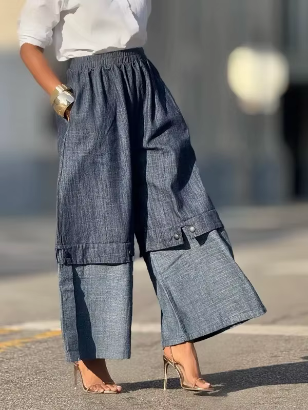 UOOZEE urbain femme Streetwear couches Denim pantalon à jambes larges ample élastique taille haute p
