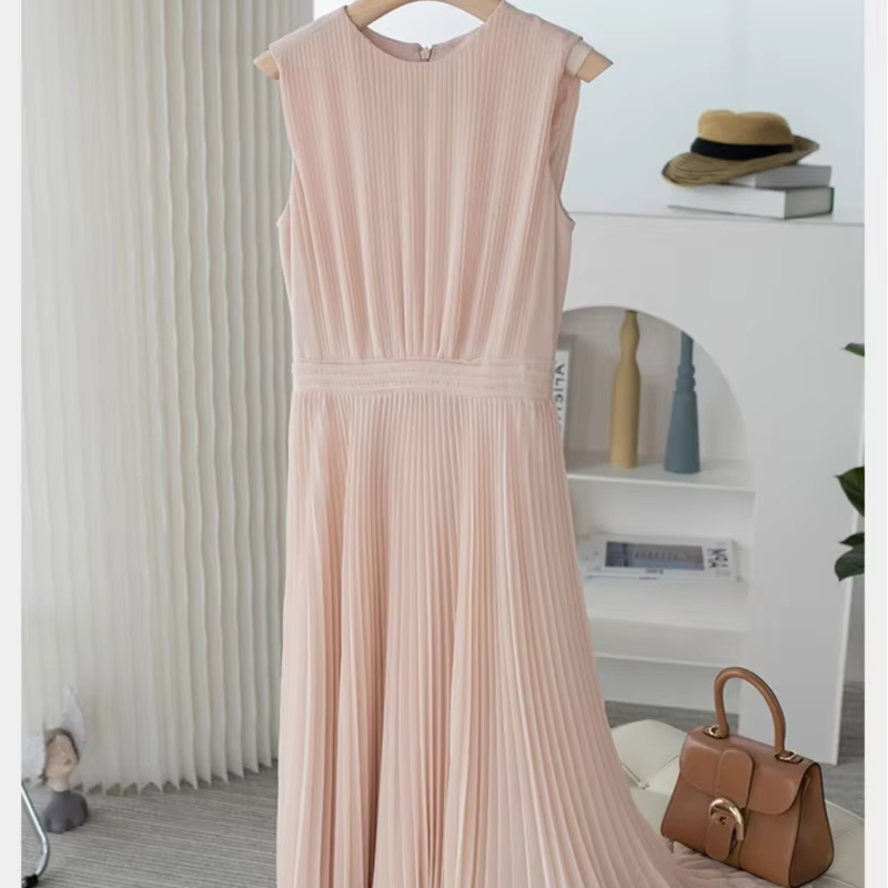Robe longue plissée en mousseline de soie rose pour femme, tenue de soirée, tenue de bureau, sans ma