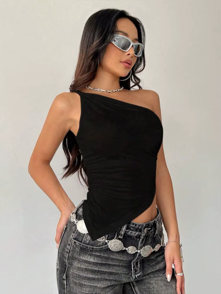 2025 nouveau T-Shirt femme décontracté à la mode couleur unie simple épaule asymétrique haut ajusté 