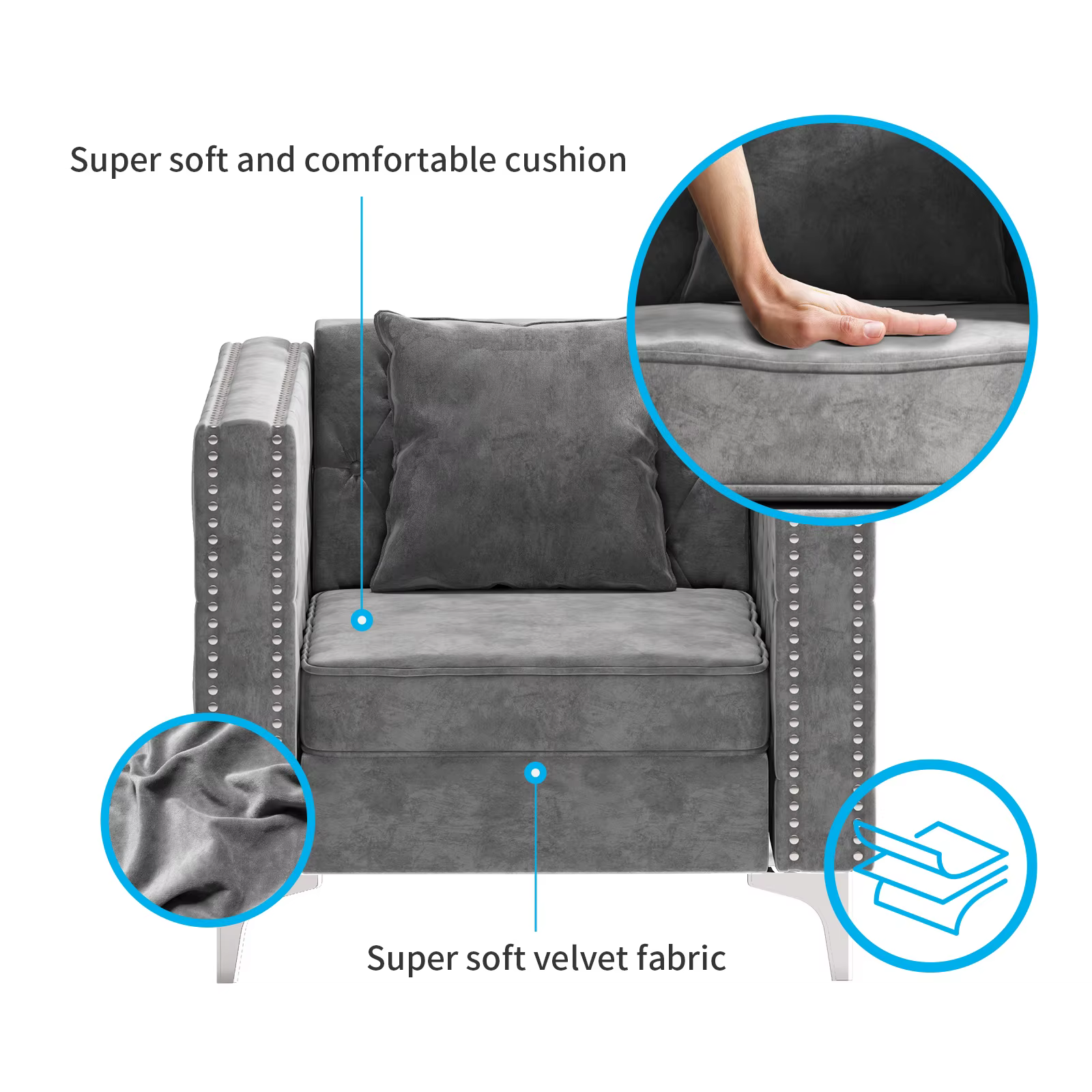 HORGgland O-Fauteuil en velours moderne, chaise d'appoint boutonnée avec coussin de jet et coussin e