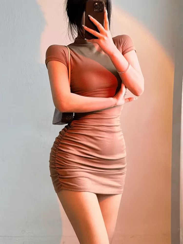Mini robe Sexy moulante à col mi-haut et taille plissée pour filles épicées, Slim, moulante, vêtemen