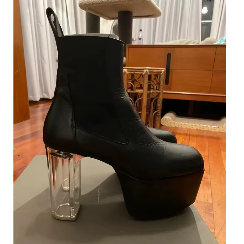 Bottines noires à plateforme et talon transparent pour femme, hiver 2026, bout rond, bottes courtes,