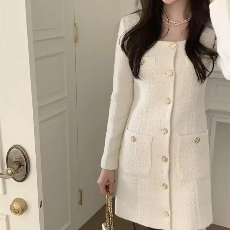 Robe en tweed rétro élégante pour femmes, col carré, manches longues, boutons, poche, mini robes de 