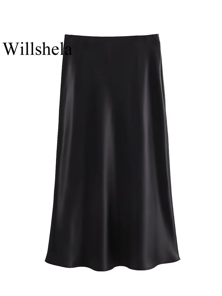 Willshela femmes mode Satin solide plissé jupe Midi Vintage taille mi élastique femme Chic dame jupe