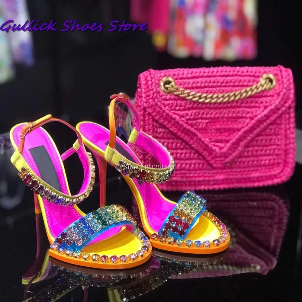 Sandales scintillantes en cristal coloré pour femmes, chaussures à talons hauts, pantoufle à une san