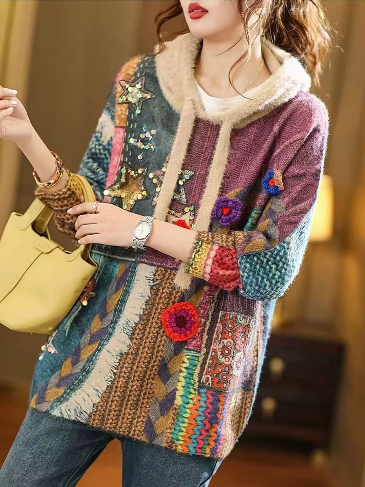 Amax luluE hiver coréen femmes de luxe à capuche imprimé paillettes tricoté chandails femme mode pul