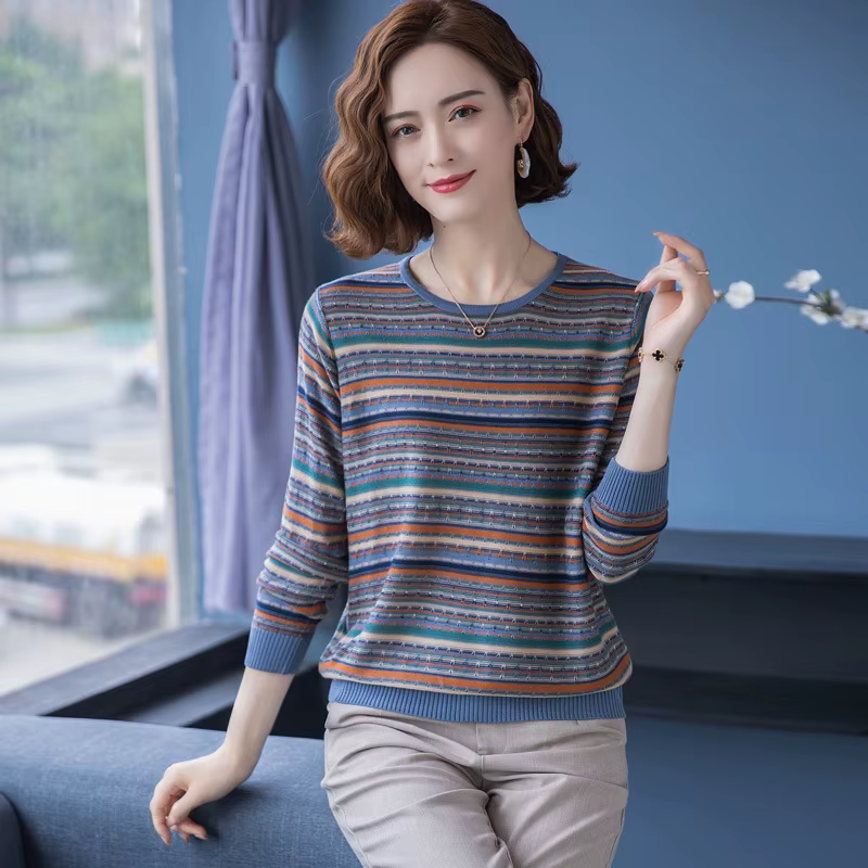 S-3XL d'âge moyen mère pull de base femmes printemps automne nouveau rayé manches longues haut col r
