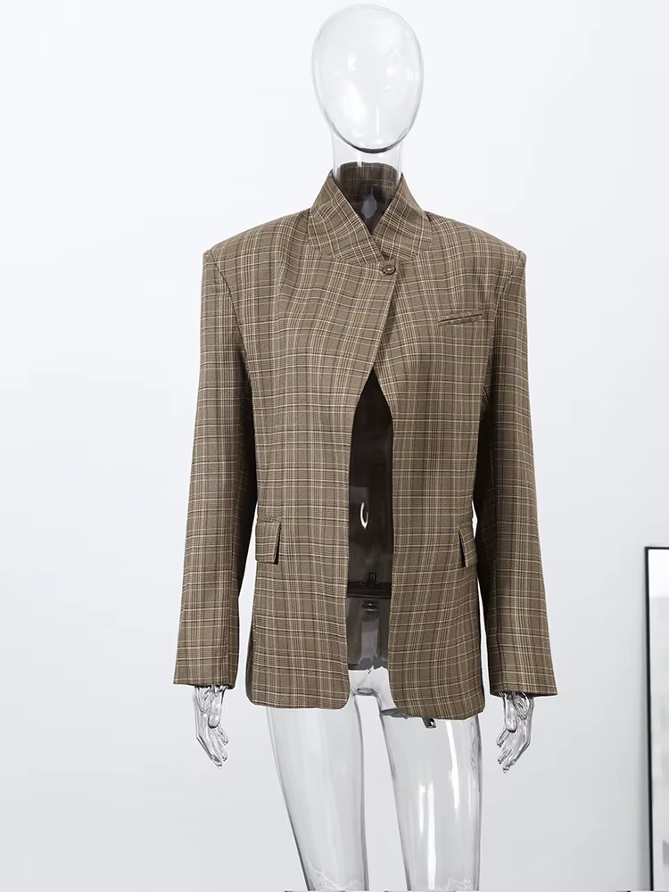Nouveau Blazer Vintage à Carreaux pour Femme, Col Montant, Un Bouton, Poches, Veste de Costume Fémin