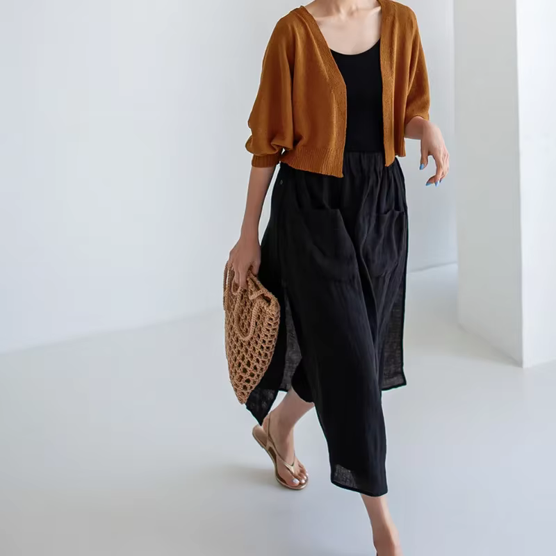 Pantalon d'été vintage pour femme 100% lin, coupe large, style jupe, avec poches, taille haute élast