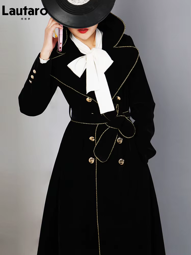 Lautaro-Manteau long en velours noir pour femme avec ceintures dorées, double boutonnage, mode de cr