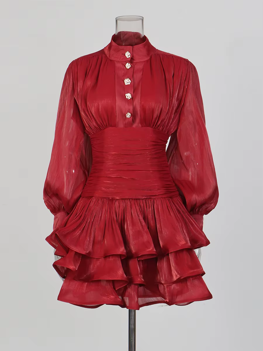 TWOTWINSTYLE élégant minceur épissé volants plis Mini robes pour les femmes col montant manches long
