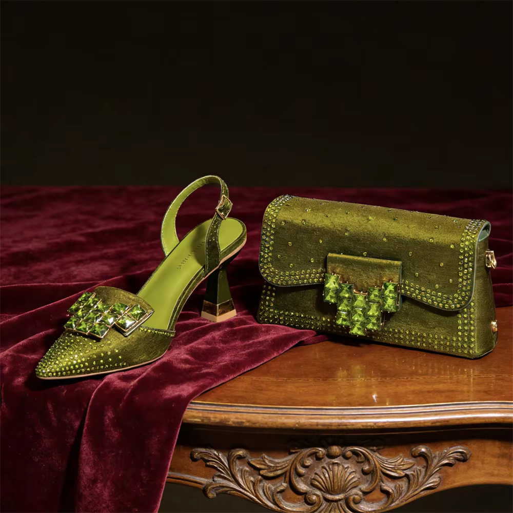 Ensemble de talons hauts pointus et sac assorti pour femmes, design italien 2026, vert olive, strass