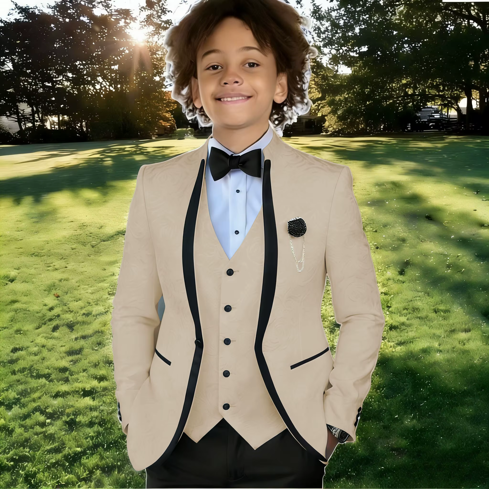Costume Jacquard Blanc pour Garçon, Tenue de Cérémonie pour Mariage, Smoking à Col Montant, Vêtement