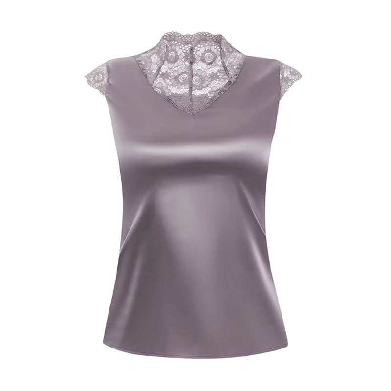 M-4XL Élégant Manches Courtes Dentelle Chemise De Mode Patchwork injSatin précieux Top D'été Casual