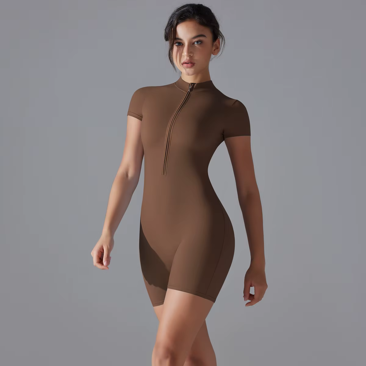 Ensemble de Yoga, combinaisons une pièce pour femmes, fermeture éclair, manches courtes, vêtements d