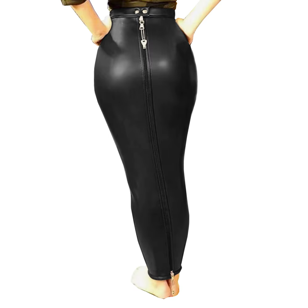 Sissy taille haute moulante Hobble Bondage verrouillable pleine jupe zippée femmes en cuir PU mince 