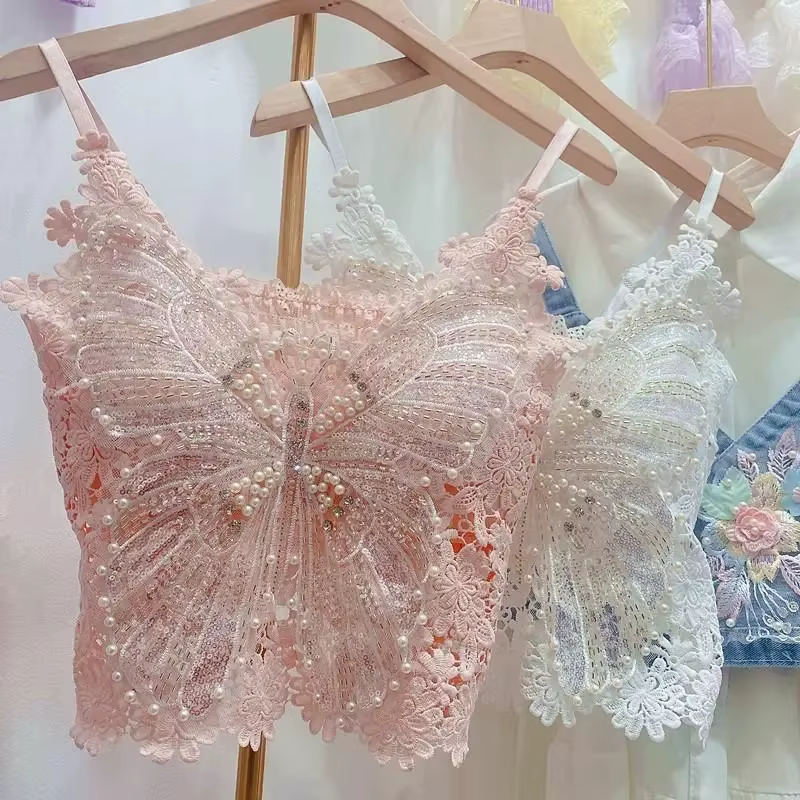 Femmes vêtements lourd perles débardeur fleuri Sexy culture hauts Ropa Mujer dentelle papillon haut