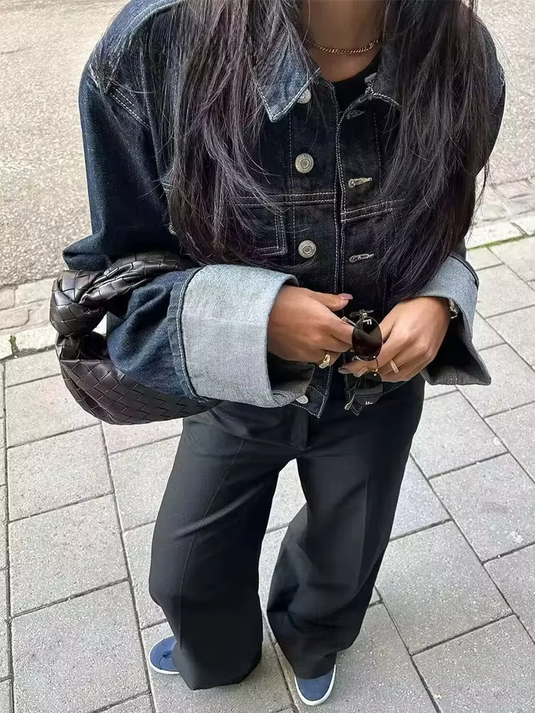 HH femmes mode Denim ensemble décontracté revers à manches longues veste courte boutons femme Vintag