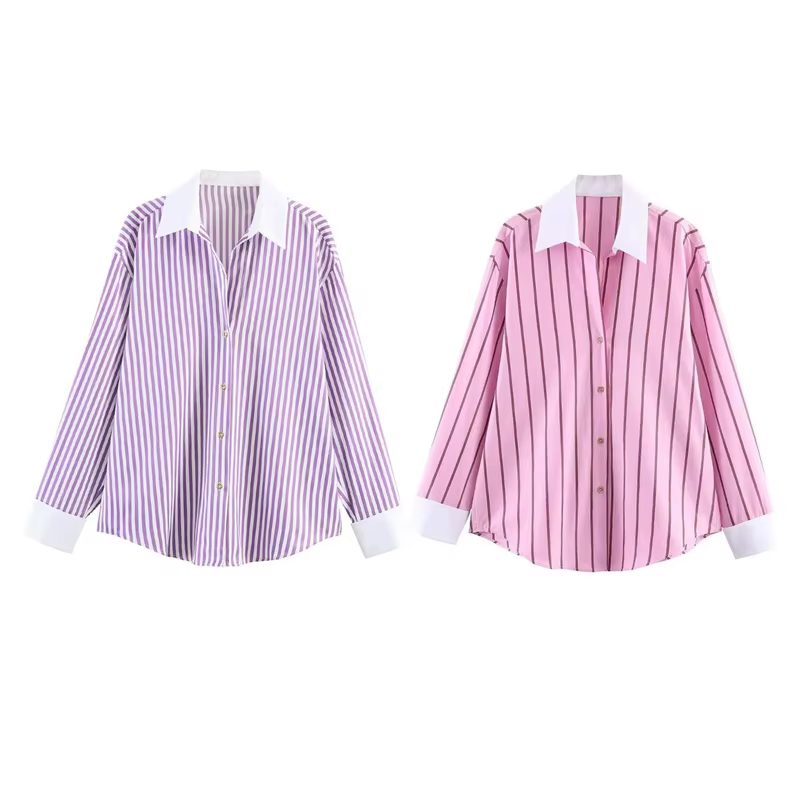 Chemise Femme 2026 Nouvelle Collection Printemps-Été, Chemise Ample Rayée Rose à Poignets Contrastan
