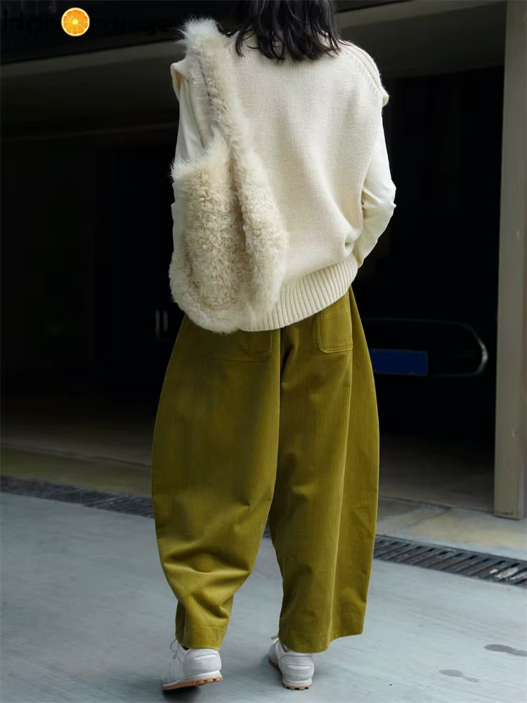 HanOrange-Pantalon large en velours côtelé pour femme, périphérie paresseuse, taille élastique, déco