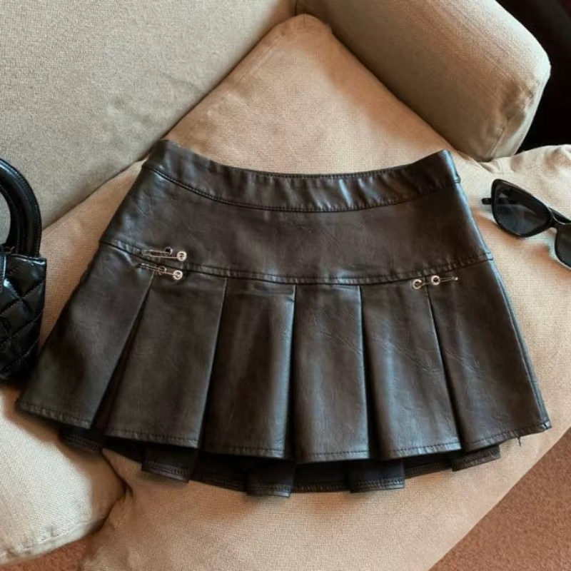 Jupe plissée en cuir PU américain pour femmes, Mini jupe Slim taille haute, rouge et noir