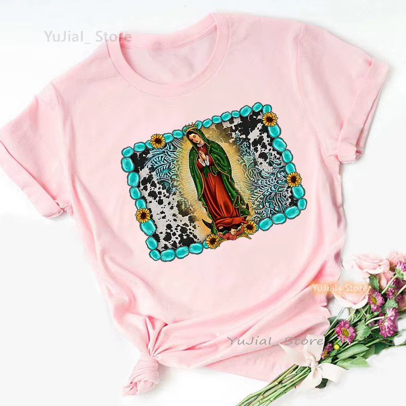 Léopard vierge marie Guadalup imprimer t-shirt filles mode d'été jésus rose t-shirt femmes Harajuku 