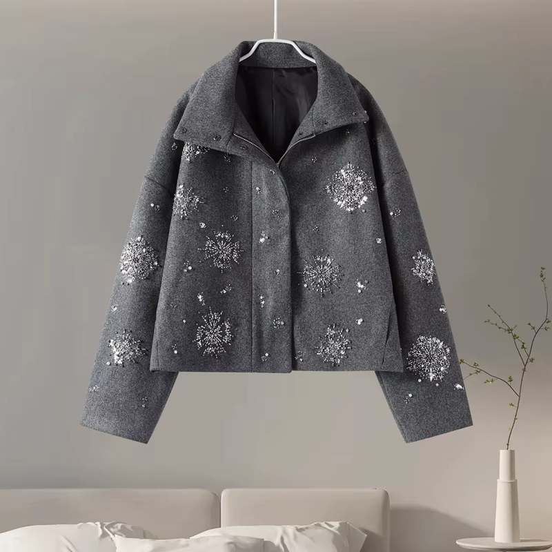 Manteau chic luxueux à perles pour femmes, vêtements d'extérieur en laine, vestes à manches longues,