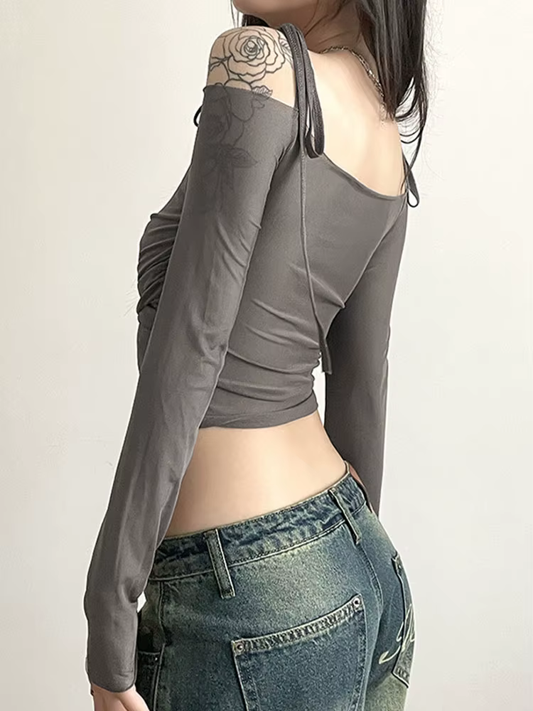 Haut court à col incliné pour femmes, couleur unie, sexy, épaules dénudées, à lacets, manches longue