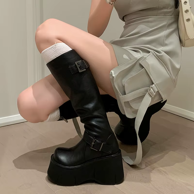 Chaussures pour femmes, bottes classiques à hauteur de genou, avec boucle de ceinture, fermeture écl