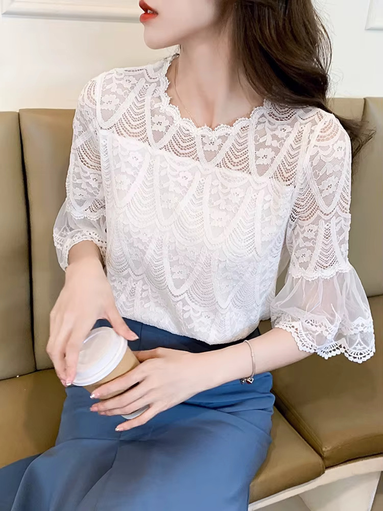 Chemisier en dentelle à fleurs avec doublure pour femme, chemise évidée, manches évasées, col rond, 
