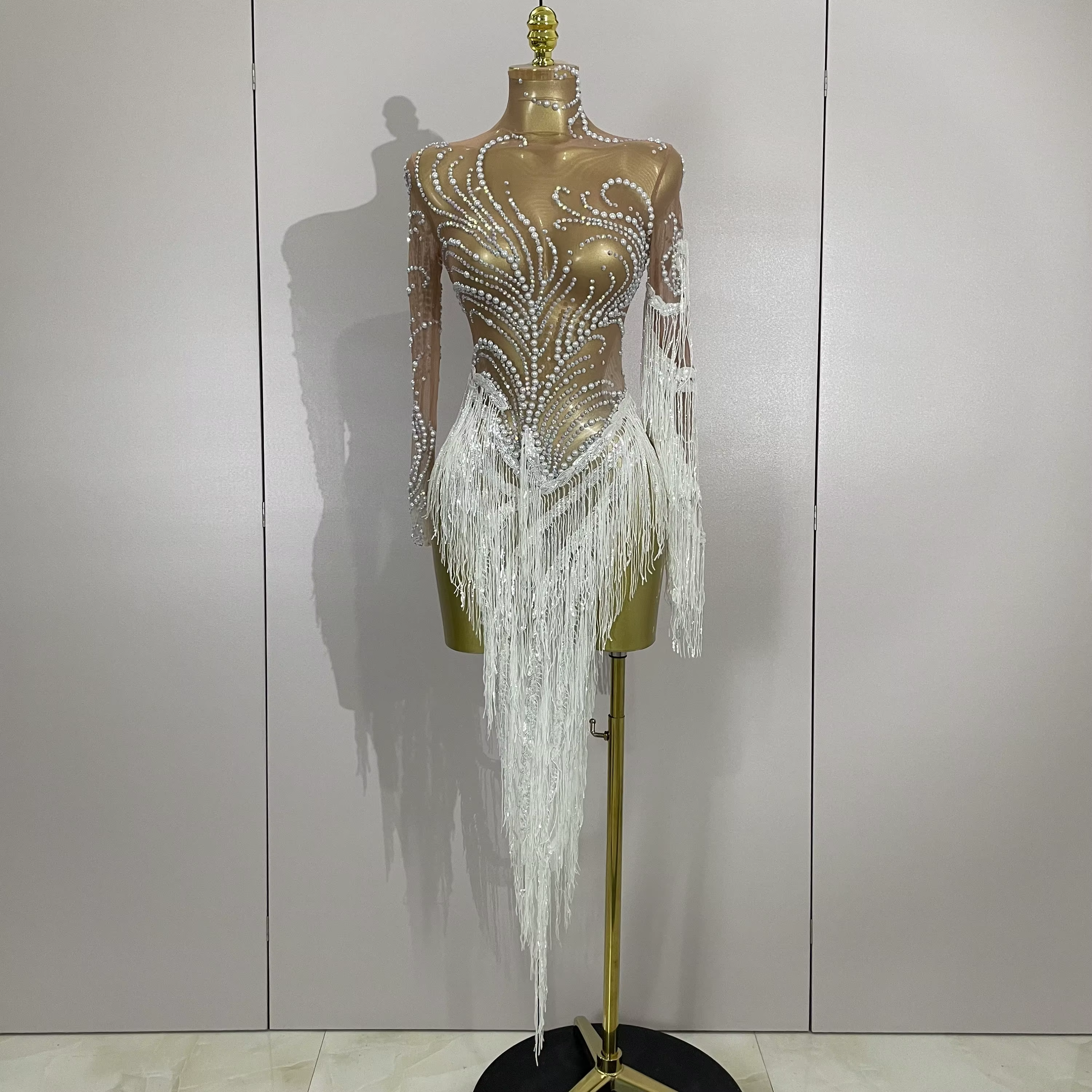 Femmes brillant strass perle paillettes gland Sexy robe transparente soirée fête d'anniversaire disc