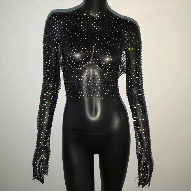 FestivalQueen-T-Shirt à Manches sulfpour Femme, Vêtement de Plage Sexy, Évidé, en Résille, avec Diam