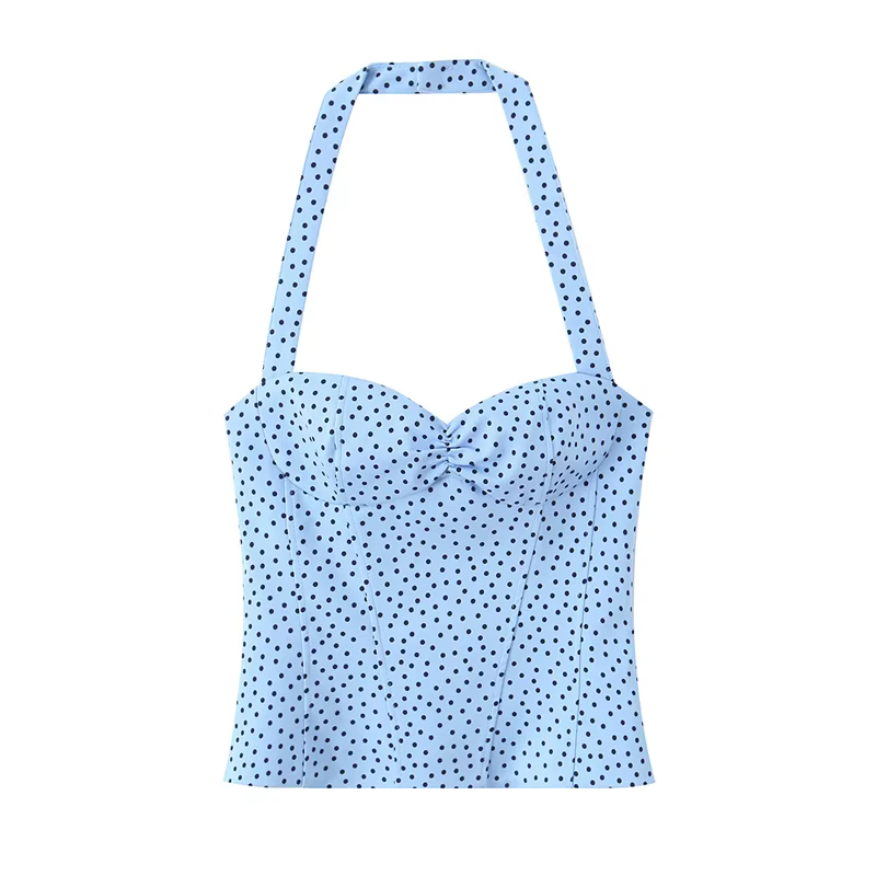 Haut pour femme, nouveau style été 2026, couleur unie, décor à pois, col halter, haut sexy, style va