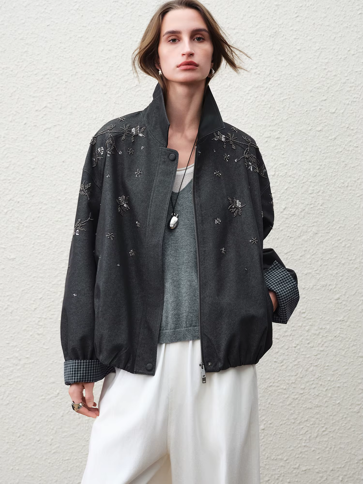 FSLE 【Série Premium】 2026 Manteau pour femme perlé à col en cuir, à manches longues, coupe ample, de