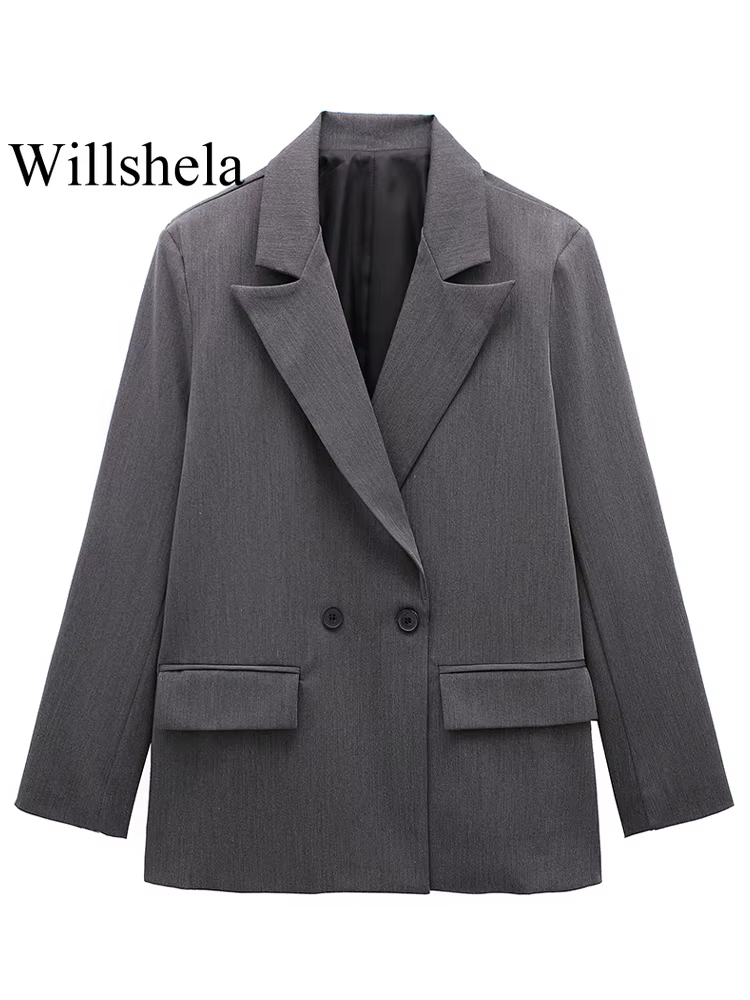 Willshela femmes mode avec poches solide Double boutonnage Blazer Vintage manches longues col cranté