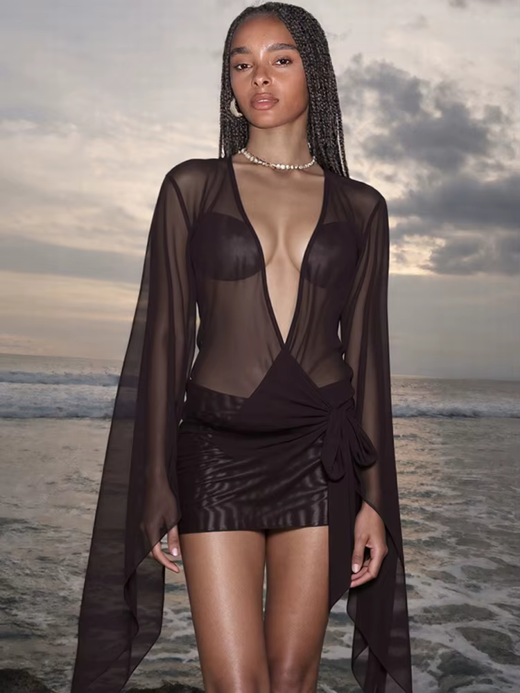 Kliou maille irrégulière femmes Mini robe Sexy voir à travers Chic à manches longues col bas profond