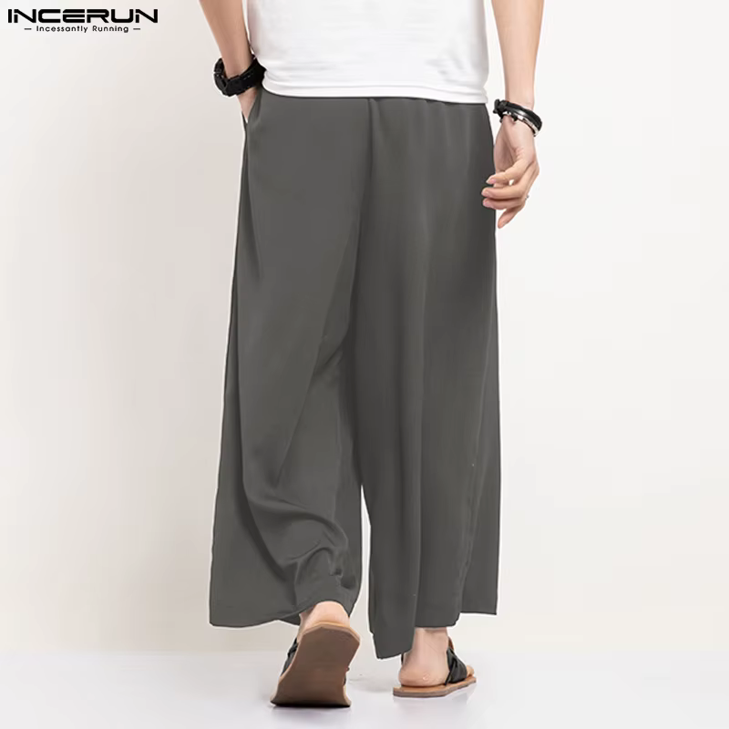 INCERUN hommes pantalons à jambes larges couleur unie jogging ample taille élastique pantalon hommes