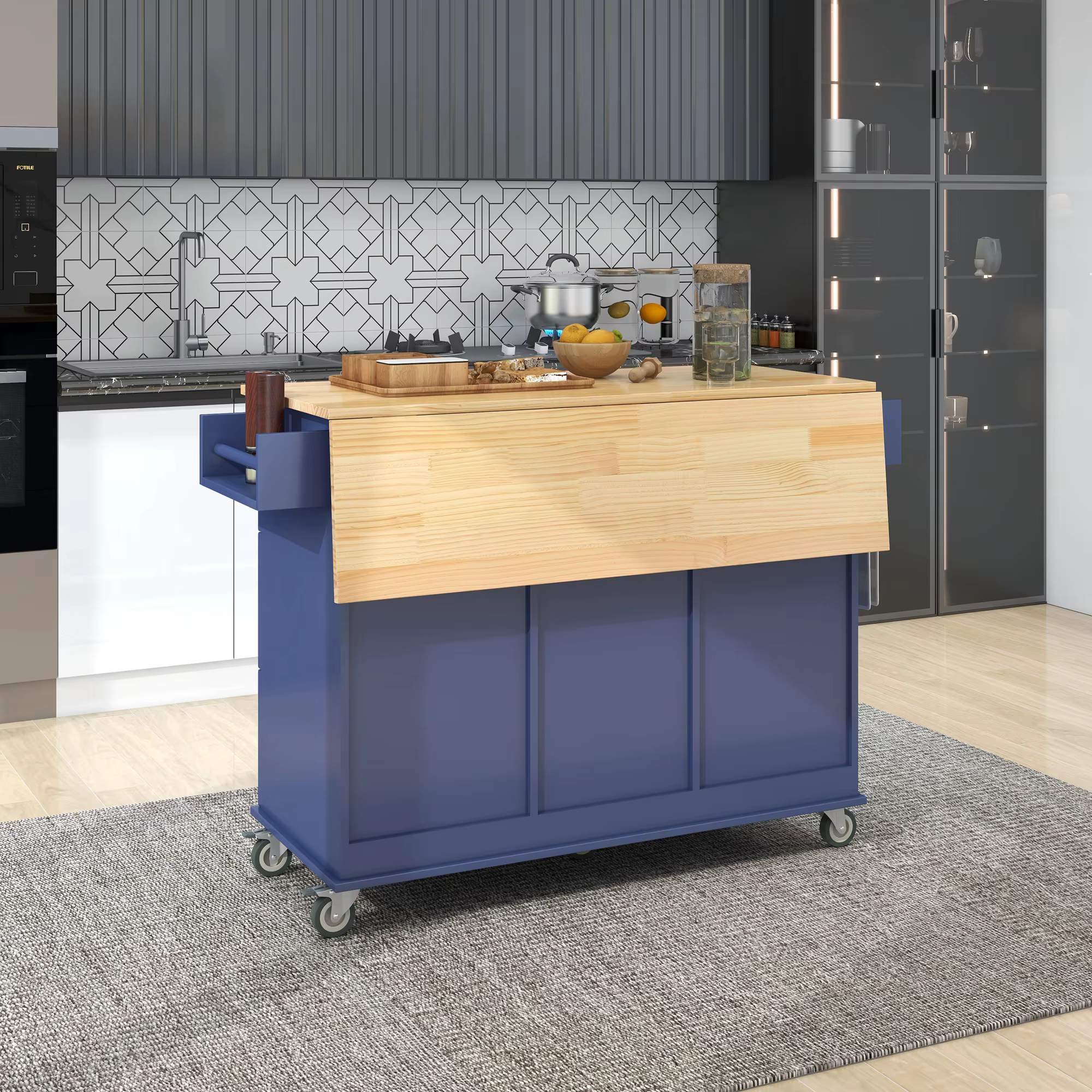 Îlot de cuisine mobile roulant avec plateau en bois massif et roues de verrouillage, armoire de rang