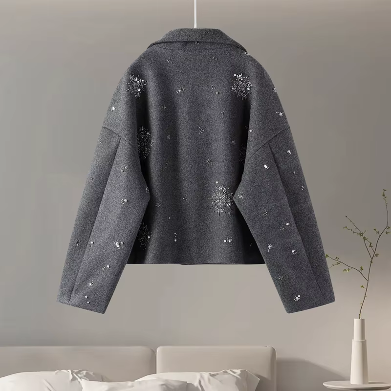 Manteau chic luxueux à perles pour femmes, vêtements d'extérieur en laine, vestes à manches longues,