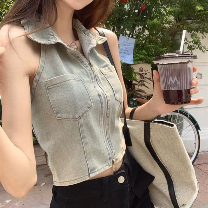 Débardeur court en denim pour femmes, streetwear mince sexy, vêtements décontractés vintage pour fil