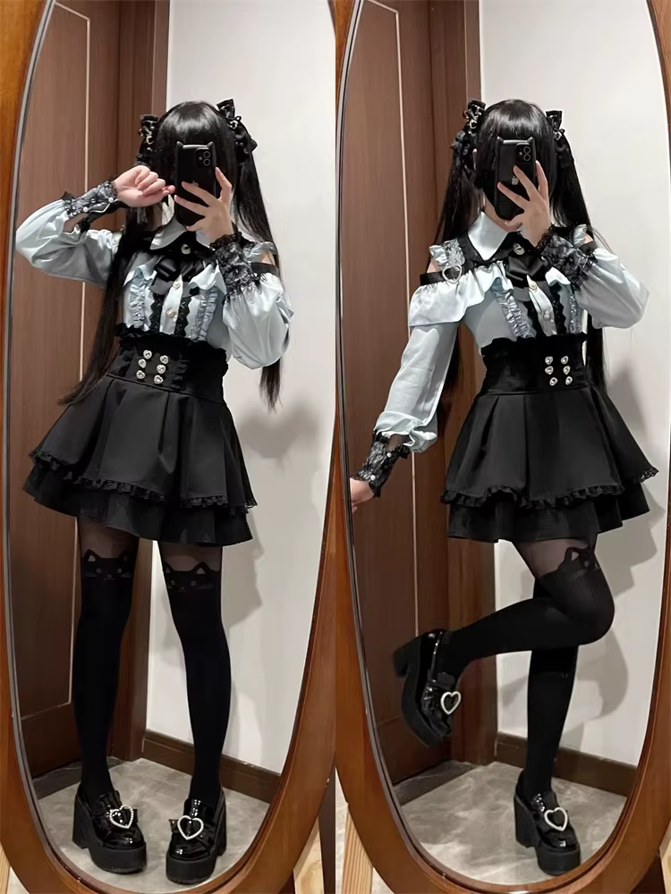 Ensemble Lolita pour femmes, haut en maille et jupe cintrée à la taille, cordon de Style de rue japo