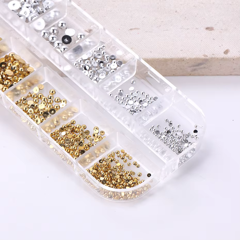 12 grilles de couleurs mélangées or argent plat demi-rond perle ongles pièces Flatback ornement 3D m